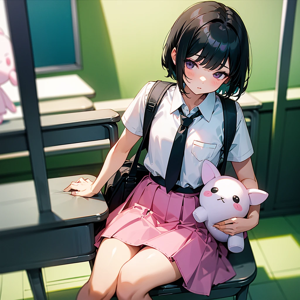 A girl, short black hair, dark eyes, wearing white shirt, green long warp skirt, a pink backpack with a tiny plushie, sitting on the seat, in the classroom