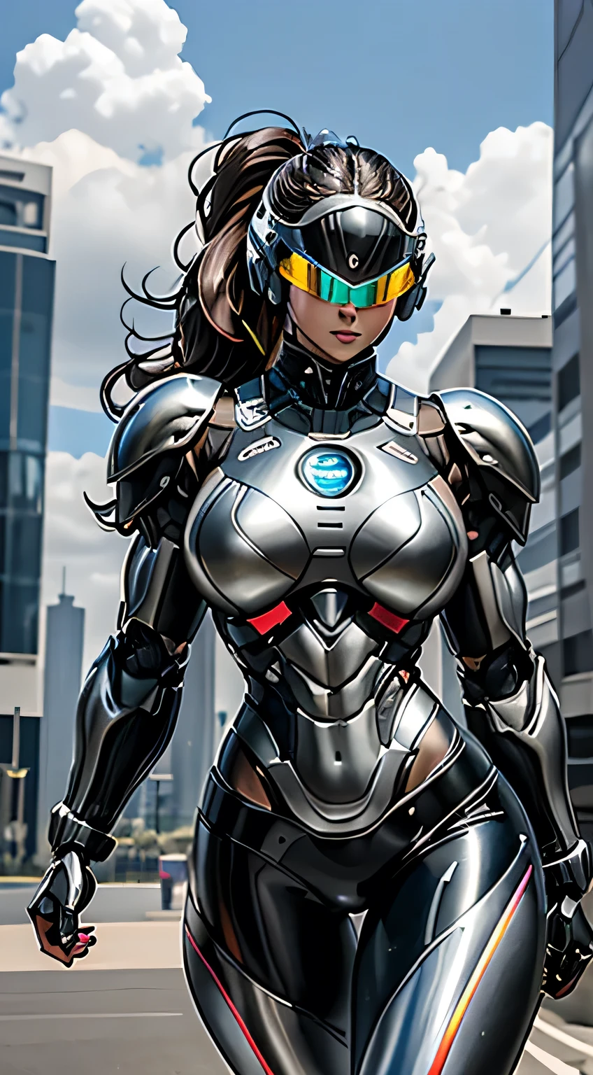 Female Robocop Solo、Bright outdoors、strong light source、8K, high quality, masterpiece, 最high quality, Crisp contrast、Very detailed、Full body armor、Very large armor、Helmet covering the head、Clear photos、His eyes are hidden by thin straight goggles:1.3、The lower half of the face is raw々Shii:1.5、The lower half of the face is exposed、Seductive lips、Rainbow and black metallic armor、Armor that completely covers the chest、Long, slender legs、Vibrant Posselo Body View,Big and ample breasts:1.5, (Sports Body:1.5)、Five Fingers、Hold a handgun、In the city