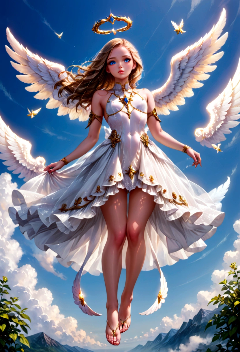 beautiful Angel, Wearing a gorgeous dress that covers the whole body, luxurly gawn,Floating in the air, angel wings, (angel ring:1.3), outdoor, detailed face, detailed eyes, detailed lips, detailed nose, detailed foot, full body shot