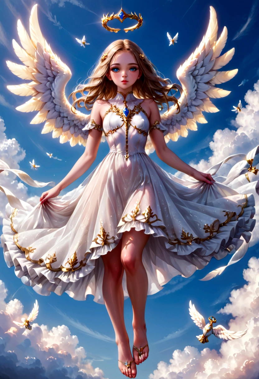 beautiful Angel, Wearing a gorgeous dress that covers the whole body, luxurly gawn,Floating in the air, angel wings, (angel ring:1.3), outdoor, detailed face, detailed eyes, detailed lips, detailed nose, detailed foot, full body shot