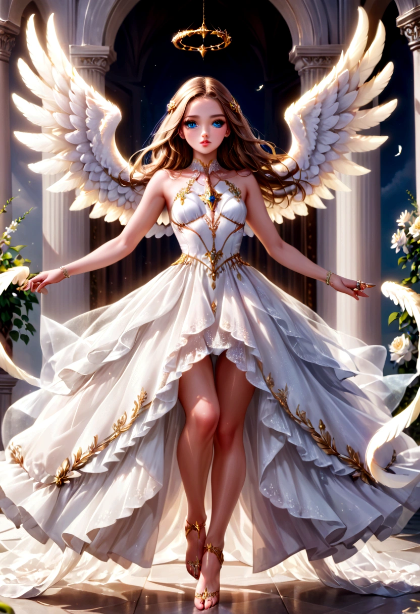 beautiful Angel, Wearing a gorgeous dress that covers the whole body, luxurly gawn,Floating in the air, angel wings, (angel ring:1.3), outdoor, detailed face, detailed eyes, detailed lips, detailed nose, detailed foot, full body shot