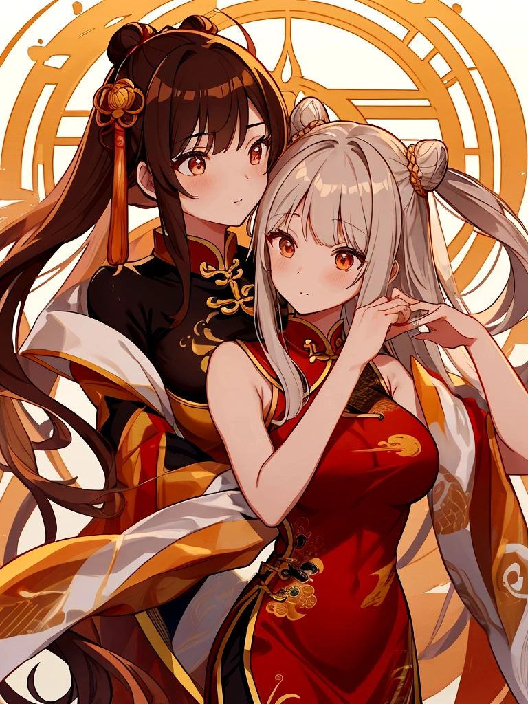 Huge Chinese martial artist 17 years old girl.long brown hair in hime-cut style, which she ties in Chinese-style twin-buns using white ribbons . Golden eyes. fair-complexion and has a hourglass figure with moderate bust-size.sleeveless-strapless dark red long cheongsam with golden chinese dragon draw on it.