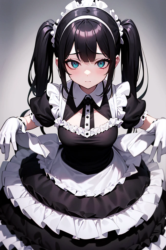 a woman in a black and white dress holding a glass, gapmoe yandere grimdark, gothic maiden anime girl, anime girl in a maid costume, maid outfit, maid dress, creepy pose, gapmoe yandere, twintails white gloves, noire. Black hair, green eyes