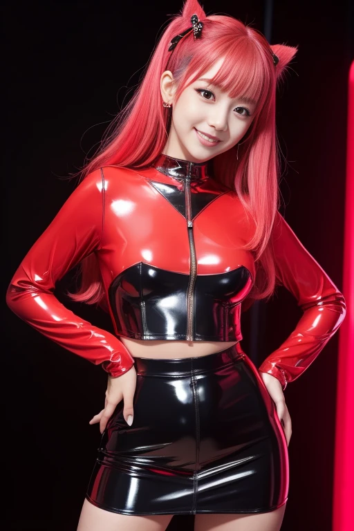 nsfw、female idol、gentle smile、shiny glossy latex mini skirt (neon red)、full body Esbian、multicolor hair、