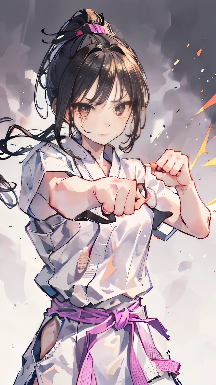 ((best quality)), ((masterpiece)), (detailed face and eyes), detailed hands and fingers, perfect face, accurate, textured skin, high details, Sharp focus A beautiful woman, Slim abdomen, Karateka, karate uniform, karate girl, high school student, black hair, ponytail, (Straight punch:1.3), (Clenched fist), thrust her fist forward, loud voice, muscular, Shining sweat, (at karate dojo), Shockwave, explosion, sonic wave