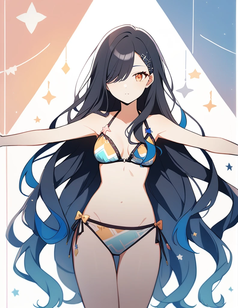 1girl, Shiraishi An \(Project Sekai\), Project sekai, very long hair, hair over eyes, black hair with blue tips, worn loose with little stars accesories,orange eyes, flirtatious look, open arms, lingerine, bikini