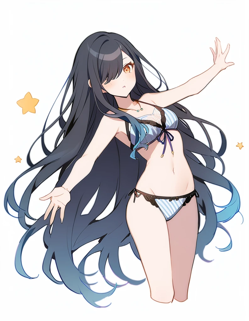 1girl, Shiraishi An \(Project Sekai\), Project sekai, very long hair, hair over eyes, black hair with blue tips, worn loose with little stars accesories,orange eyes, flirtatious look, open arms, lingerine, bikini