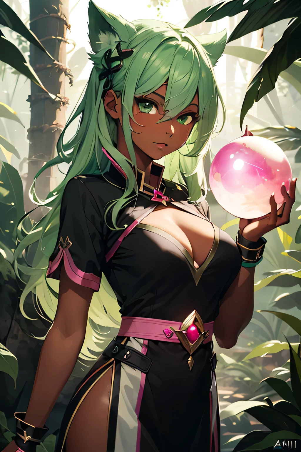 ((best quality)), ((masterpiece)), (detailed), 1girl, ((light green hair)), ((dark skin)), ((pink magic sphere in hand)), jungle, ahri, green eyes, ((black tunic)), ((breast peek)), open tunic, look inside tunic, medium breast, long hair, short sleeve