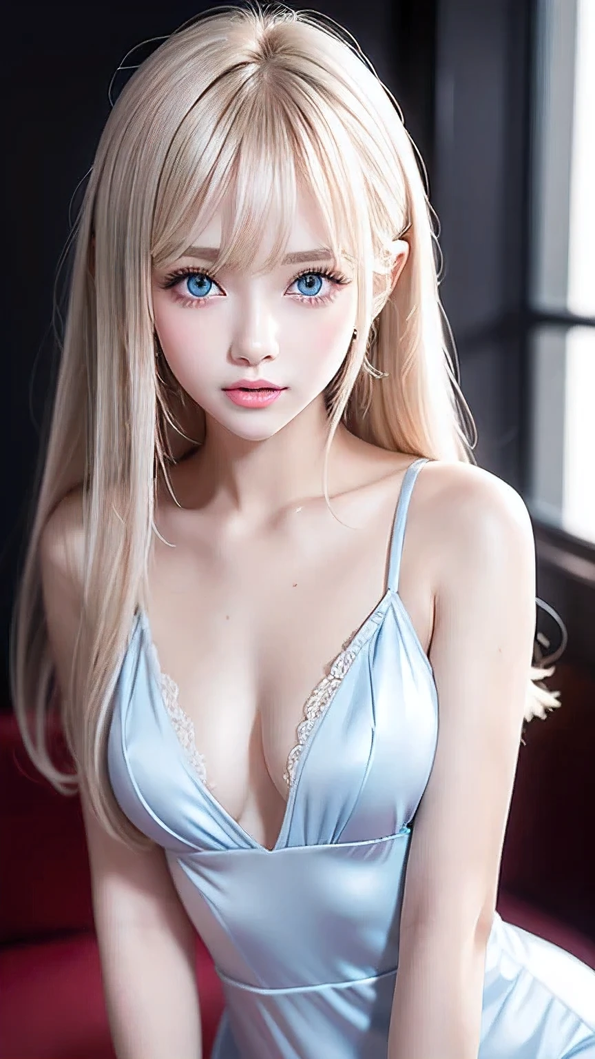 Portrait、、Bright expression、Young, lustrous, glowing, white skin、The best beauty、Blonde reflection、Platinum blonde hair with gorgeous highlights、Shiny and shiny hair、Super long silky straight hair、Shiny beautiful bangs、Big, bright, light blue eyes that shine beautifully、Very big eyes、Very beautiful nice cute beautiful girl、Ample Bust、The skin is delicate,Head up,Giant Mouth,look at me,((full throat),((breathe)),(Throat),Sweat,Interrupt),the dress is dripping,super low neck dress,No underwear,Pantyless,Water spray、bangs over eyes、片bangs over eyes、Bangs between the eyes、Small Face Beauty、Cheek gloss highlighter、Small Face Beauty、Round face
