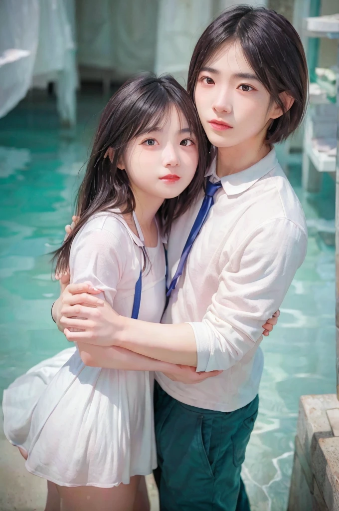 Girl wearing white dress,The white light emanating from her body entangled the boy,They face to face,Expression of joy,It's a couple。East Asians,In the blue sea,There are corals around