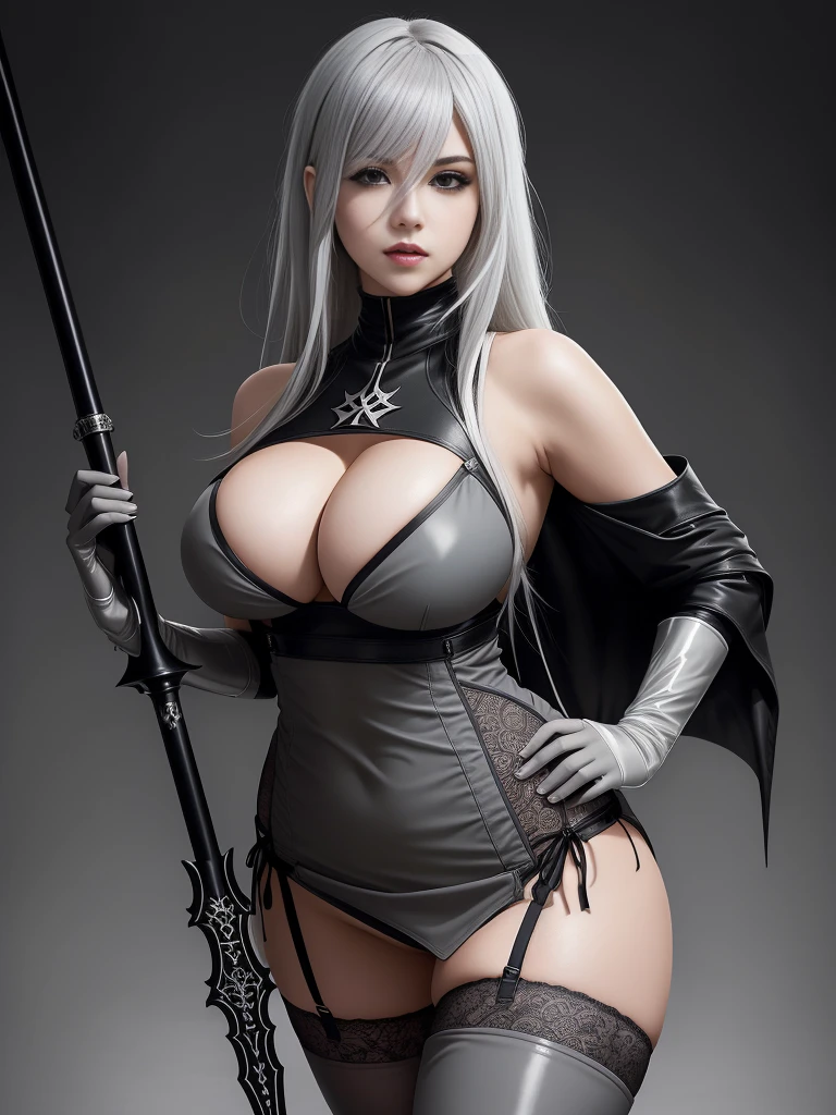 There is also Yorha Type 2 B, with an attractive expression, very bold, white hair, upper body clearly visible, large cleavage, slim waist and big hips, super low-cut, full body photo, legs spread, stiletto boots, fair and translucent skin, The most beautiful face, cute, (clear pubic hair: 1.2) ), (dark gray background: 1.4))