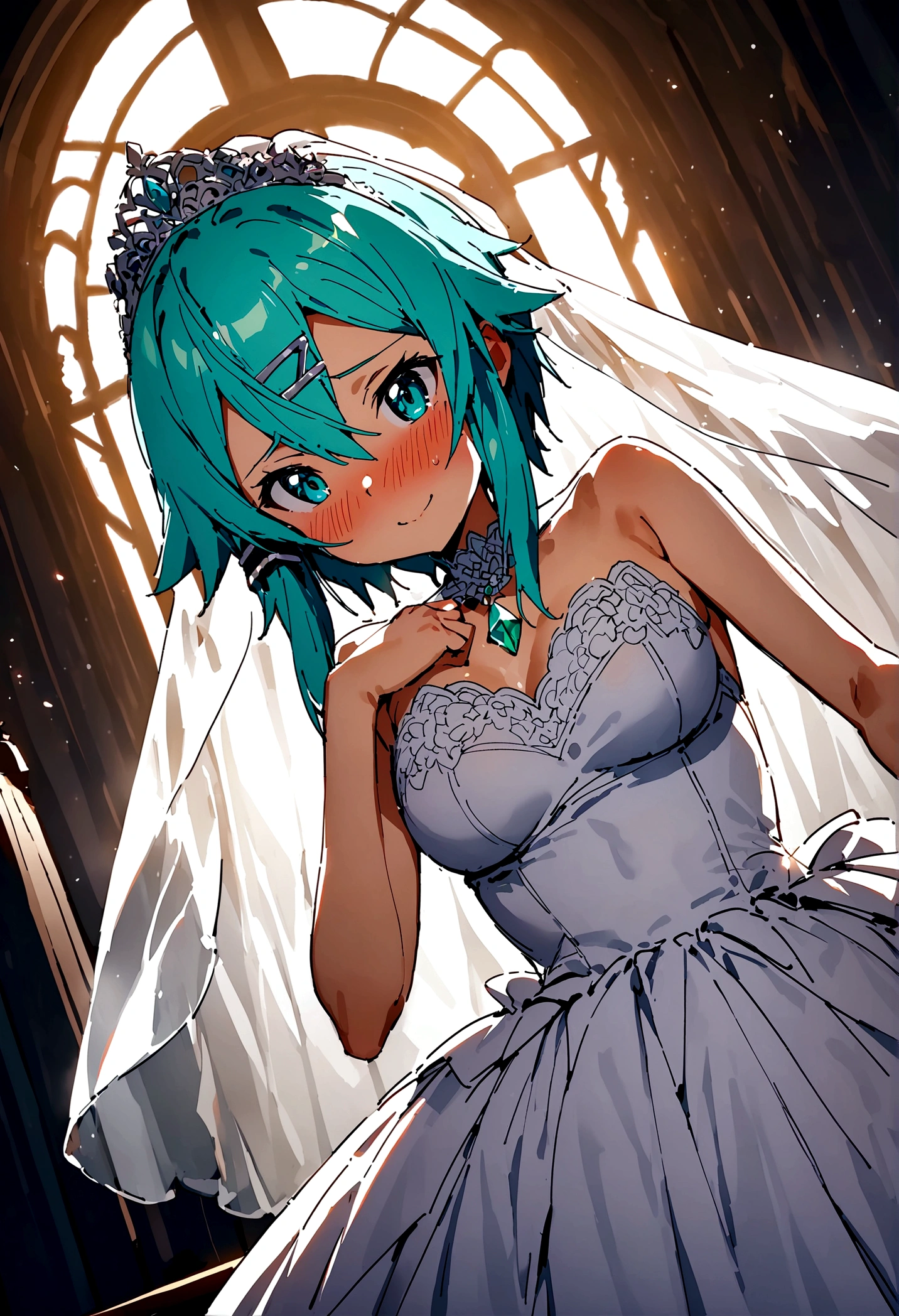 NSFW,masterpiece,Highest quality,High resolution,Super detailed,Sinon\(Sword Art Online\),(Quality Wedding Dresses),Wedding Veil,tiara,gem, hair ornaments, Hair Clip,wedding ring,Embarrassed,Watery eye,smile,blush,Church at night in the moonlight,Luxurious Room,wedding