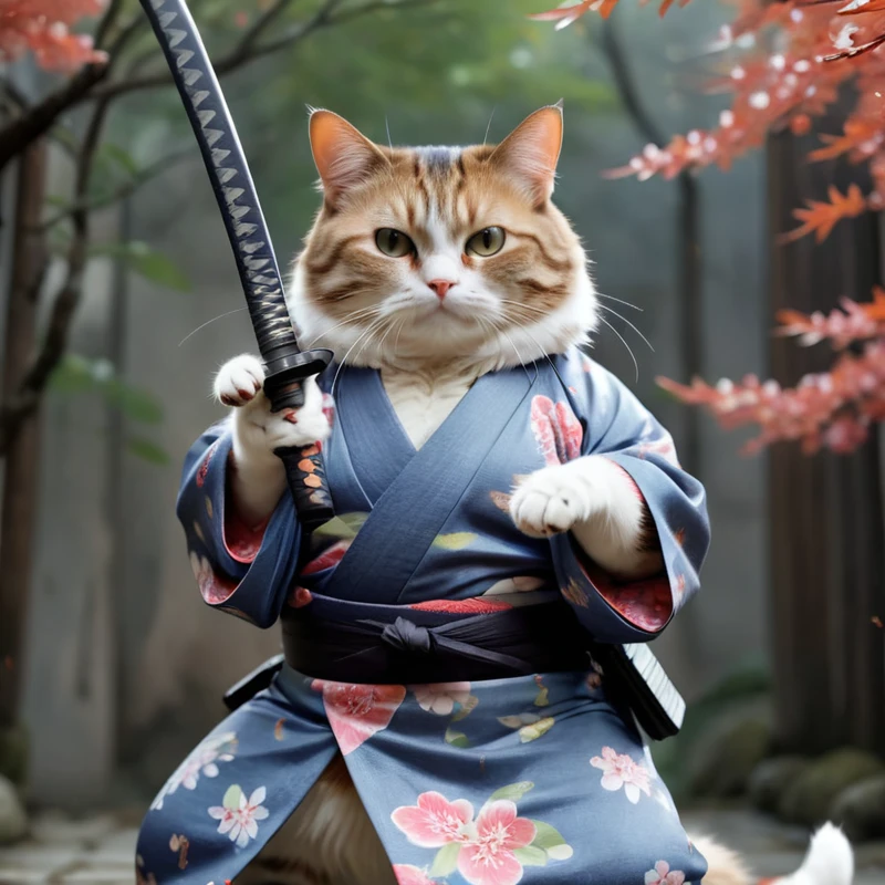(whole body),(((Fat Cat))),(aFat Cat in a kimono with a katana in his hands 富士山を背景に,Leaves flutter),Ultra-detailed,Hyperrealism,Sharp Shot,Cinematic,Action packed background,Effect Bokeh