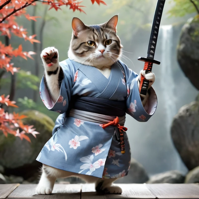 (whole body),(((Fat Cat))),(aFat Cat in a kimono with a  katana in his hands 富士山を背景に,Leaves flutter）,Ultra-detailed,Hyperrealism,Sharp Shot,Cinematic,Action packed background,Effect Bokeh
