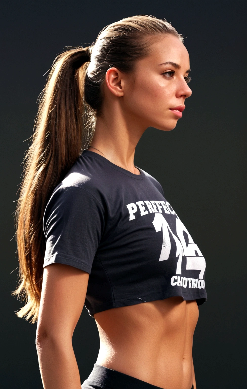 1girl, work out, (perfect anatomy proportion 1.6)(precision 1.5)(masterpiece) perfect face, long wavy hair, ponytail, rouge skin, close up shot, perfect torso, iconic workout stance, thirty degrees left view, lean to the left, bare shoulder, ((rip clothes 1.8)) t-shirt ((torn t-shirt 1.6)), wet, (super accurate 1.2)(super detailed 1.5), bend down position, photo art, cinematic portrait, highres 8k