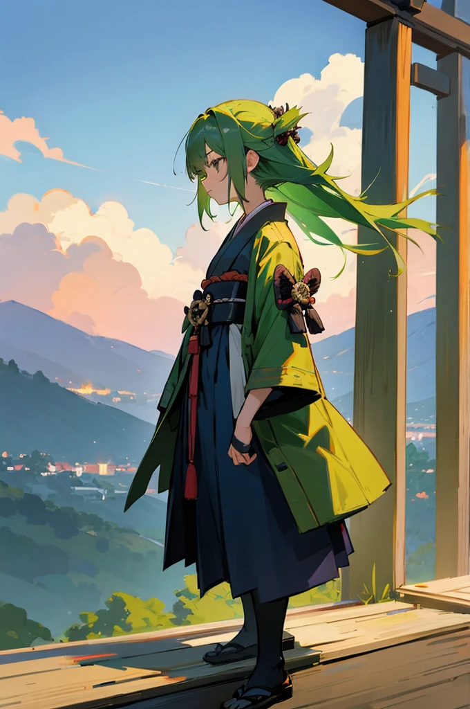 Teen ,Female, samurai Clothing, Standing pose, Town background, Green hair