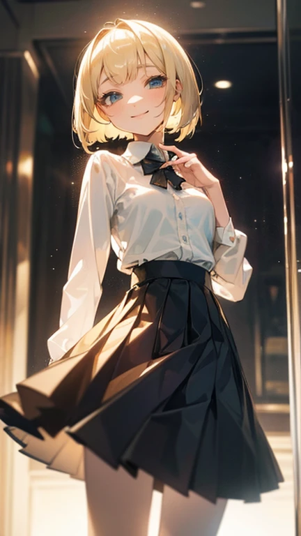 Best quality,fine quality products,detailed,gayaru,slim,blonde bobcut hair,very small breasts,shirt,pleated skirt,looking happy