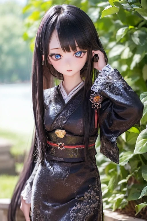 (SFW:2), photorealistic, realistic photo, ((highest quality)), ((masterpiece)), ((extremely detailed)), kukolnydom, doll, (mature woman, 20yo, 20 years old:1.6), solo, ((cowboy shot, standing
, skinny, slender, slim, kimono, obi, hair ornament)), green eyes, parted lips, (black hair, long hair, looking at another, gradient eyes, shining eyes, detailed eyes, detailed clothes:1.3), Japanese garden, 8k