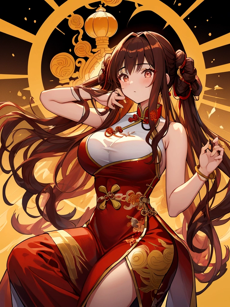  Huge  Chinese martial artist  girl.long brown hair in hime-cut style, which she ties in Chinese-style twin-buns using white ribbons . Golden eyes. fair-complexion and has a hourglass figure with moderate bust-size.sleeveless-strapless dark red long cheongsam with golden chinese dragon draw on it. 