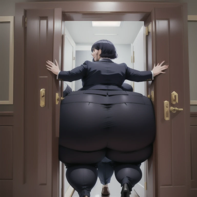 masterpiece, 1girl behind a doorway, from front, (doorstuck, stuckfront:1.3), huge hips, round belly, thick thighs, colorful clothing, wearing suit and tie and formal pants, upset, trying to wiggle through, her girlfriend laughs as she pushes her butt from behind