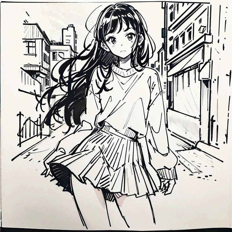 One Girl,Line art,Monochrome,sketch,Black and White,Pencil drawing,Traditional Media,sketch,One Girl, skirt,Cute Teenage Girls, ,Beautiful portrait、Delicate body、Black Hair、Black Hair,landscape