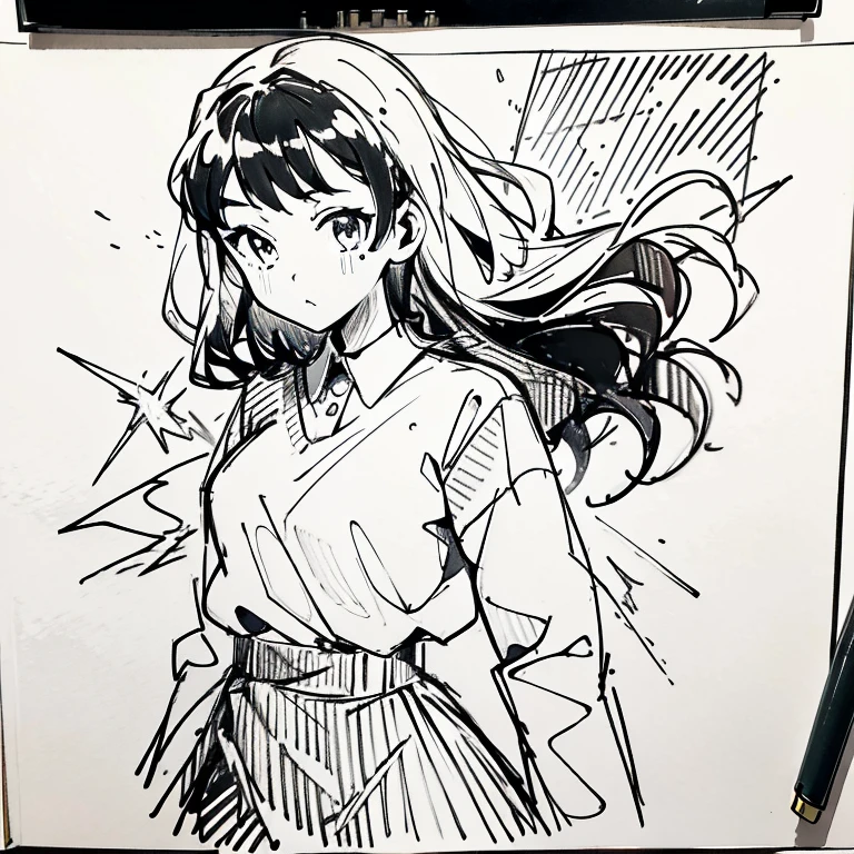 One Girl,Line art,Monochrome,sketch,Black and White,Pencil drawing,Traditional Media,sketch,One Girl, skirt,Cute Teenage Girls, ,Beautiful portrait、Delicate body、Black Hair、Black Hair,landscape