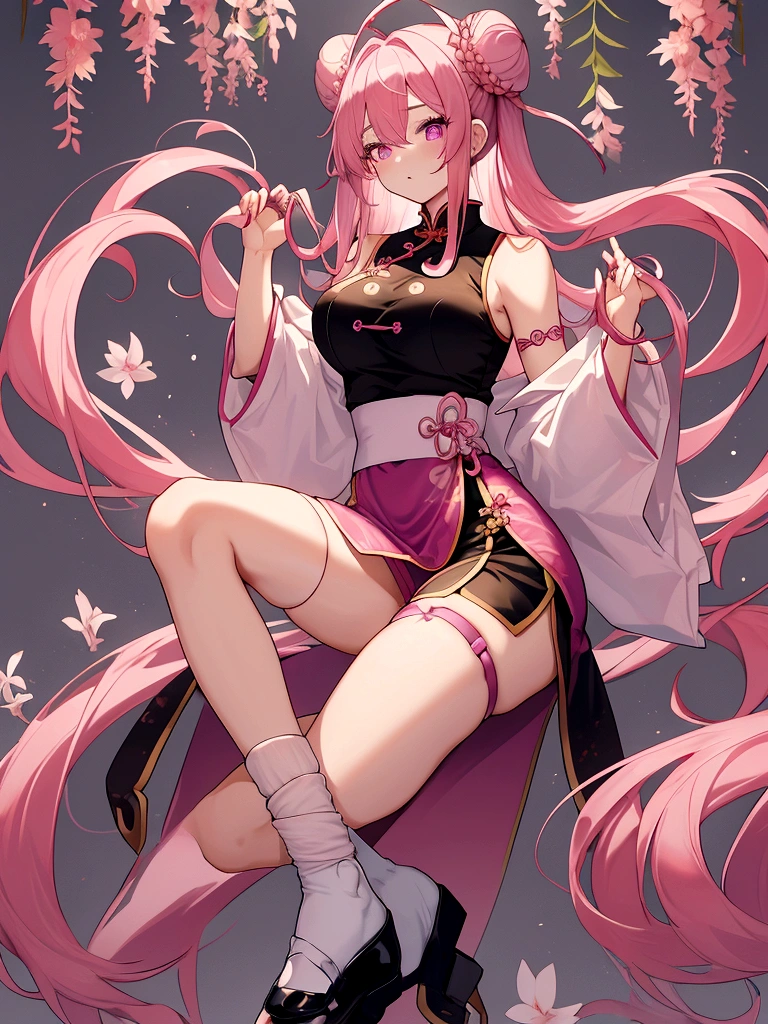 Huge 17 years old chinese martial artist girl.long pink hair in hime-cut style, which she ties in Chinese-style twin-buns using black ribbons. Her eyes are a shade of pink-purple.fair-complexion and has a hourglass figure with moderate bust-size. sleeveless-strapless white cheongsam with short-pants like bottom with split-sides that reaches high-thigh length. thigh-high white socks on her right-leg held by a white strap, while a short white shocks on her left-leg, with black cloth shoes tied around her ankle