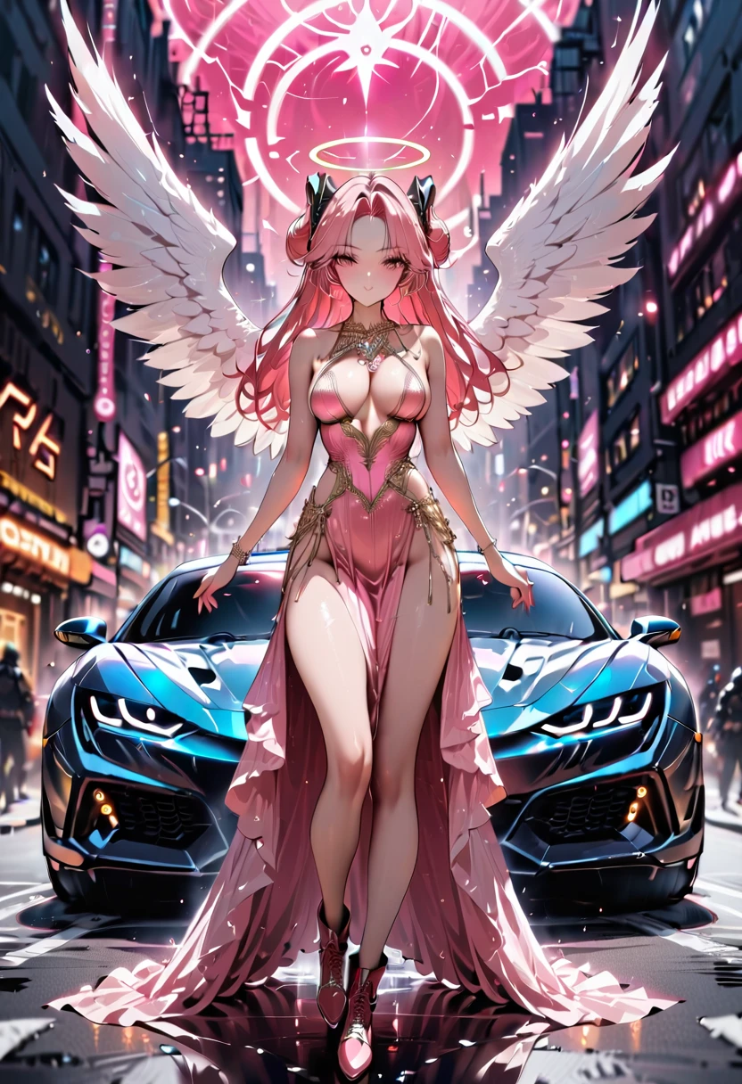 Arafed a picture of a mech cyberpunk female angel standing in at the street at night near her sports car, night, an  exquisite beautiful cyberpunk female angel  wearing dark dress, wearing ((intricate glamour pink evening dress: 1.3)), (white angelic wings: 1.2), spread angelic wings, halo over the head, small cleavage, wearing intricate diamond necklace,  wearing high heeled boots,   dynamic eye color, dynamic hair color, dynamic hair style,  standing near her (sports car: 1.3), cyberpunk street t background, full body shot, (Masterpiece: 1.5), Vibrant, Ultra-high resolution, High Contrast, masterpiece:1.2, highest quality, Best aesthetics), best details, best quality, highres, ultra wide angle, 16k, [ultra detailed], masterpiece, best quality, (extremely detailed), Mechanical Creatures