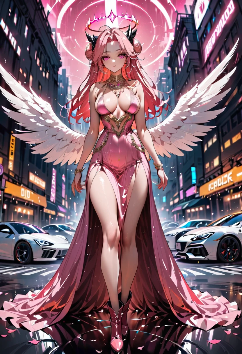 Arafed a picture of a mech cyberpunk female angel standing in at the street at night near her sports car, night, an  exquisite beautiful cyberpunk female angel  wearing dark dress, wearing ((intricate glamour pink evening dress: 1.3)), (white angelic wings: 1.2), spread angelic wings, halo over the head, small cleavage, wearing intricate diamond necklace,  wearing high heeled boots,   dynamic eye color, dynamic hair color, dynamic hair style,  standing near her (sports car: 1.3), cyberpunk street t background, full body shot, (Masterpiece: 1.5), Vibrant, Ultra-high resolution, High Contrast, masterpiece:1.2, highest quality, Best aesthetics), best details, best quality, highres, ultra wide angle, 16k, [ultra detailed], masterpiece, best quality, (extremely detailed), Mechanical Creatures