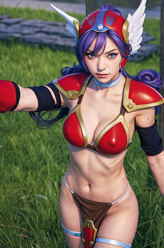 (Highest quality, masterpiece:1.4), (realism:1.2), (Absurd:1.2), (Realistic:1.3), One girl,Realistic Skin,alone,( Very big eyes,Beautiful attention to detail, Symmetrical eyes), ((Cowboy Shot)), Edge DQ, Long Hair, chest, blue eyes, large chest, gloves, belly button, chestの谷間, Purple Hair, choker, elbow gloves, sword, Bikini Armor, Winged Helmet, Red Armor ,wearing Edge DQ_Outdoor Armor,His armor is in tatters.、Scars on face、Wound on arm、wound on leg、Wounds on torso、bleeding from the wound、Suffering from pain