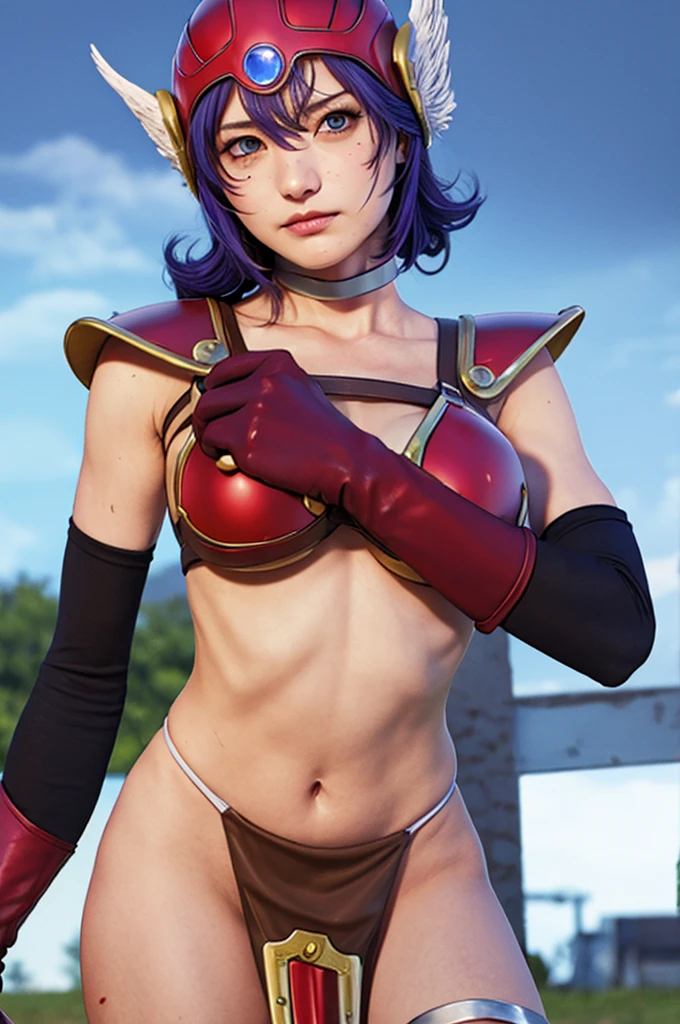 (Highest quality, masterpiece:1.4), (realism:1.2), (Absurd:1.2), (Realistic:1.3), One girl,Realistic Skin,alone,( Very big eyes,Beautiful attention to detail, Symmetrical eyes), ((Cowboy Shot)), Edge DQ, Long Hair, chest, blue eyes, large chest, gloves, belly button, chestの谷間, Purple Hair, choker, elbow gloves, sword, Bikini Armor, Winged Helmet, Red Armor ,wearing Edge DQ_Outdoor Armor,His armor is in tatters.、Scars on face、Wound on arm、wound on leg、Wounds on torso、bleeding from the wound、Suffering from pain