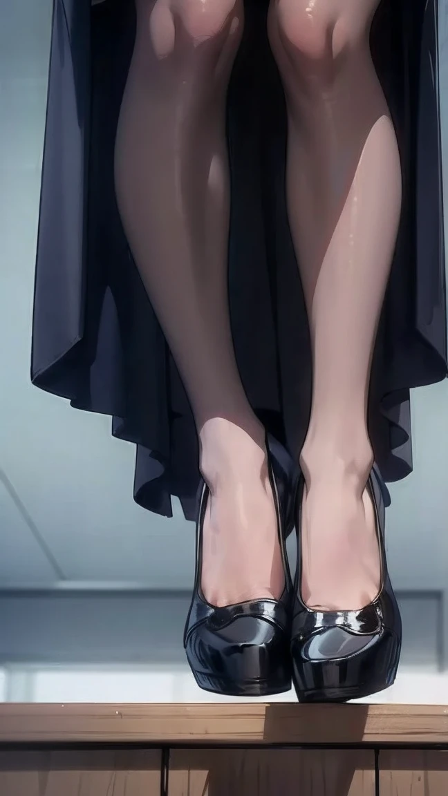 ((masterpiece)), ((Highest quality)), ((Very detailed)), One girl, Black Hair, Long Hair, classroom, Feet Focus, Sit on a chair, Big Breasts, plump, blazer, skirt, pantyhose, panties under pantyhose, Wicked Smile, Looking at the audience, From below, ((Feet close-up)), Steaming body, Sweat, ((Steamed feet)), V-shaped eyebrows, Lift your legs,