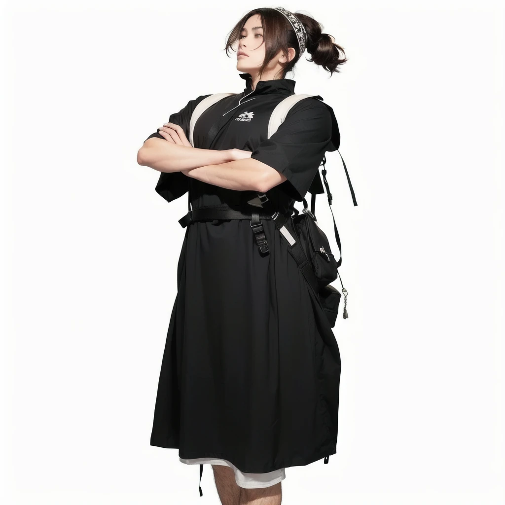man, short brown hair, black tunic, long white head band, crossed arms, side posture