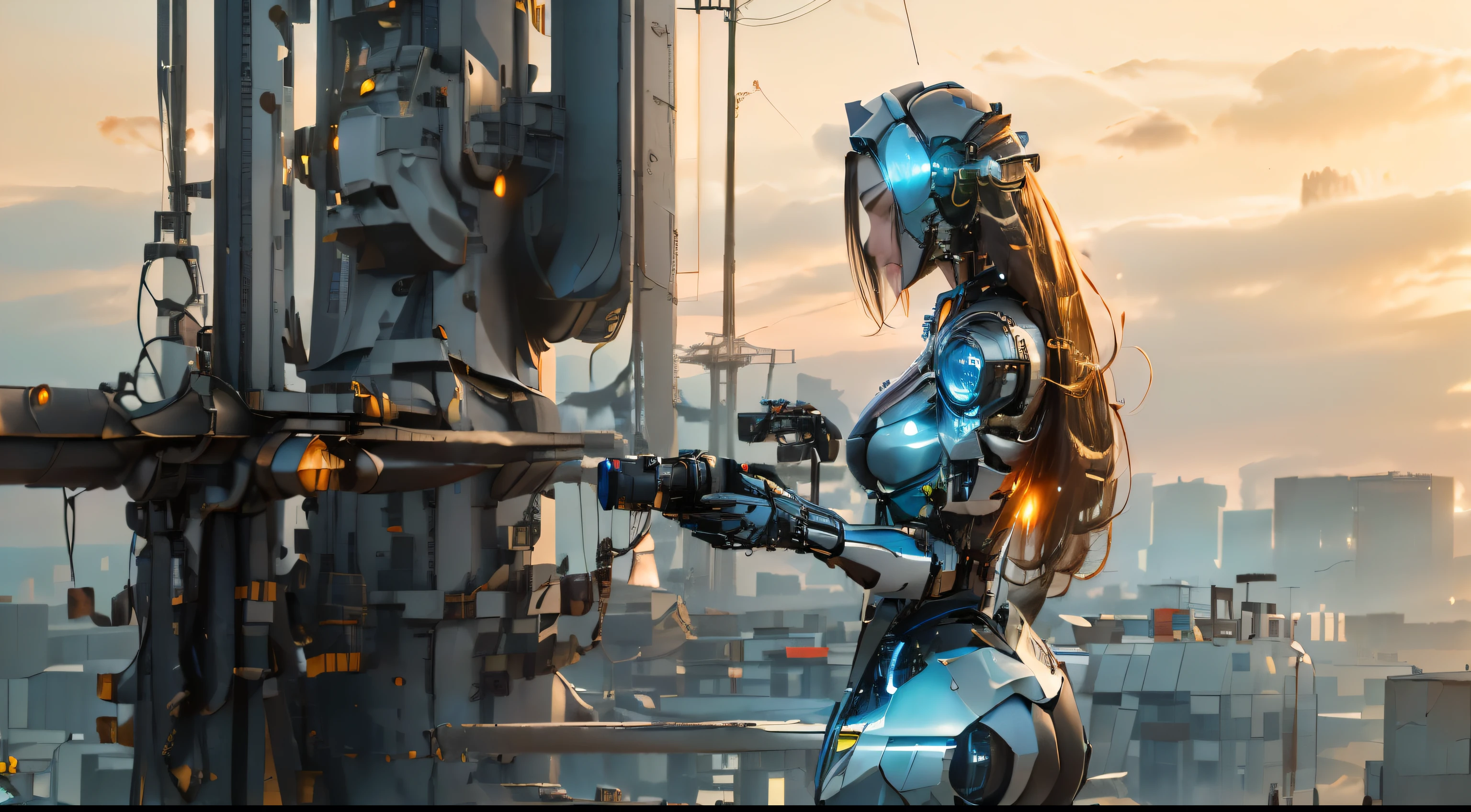 There is a robot standing on the 5G base station signal transmission tower,With an eye like a camera, robot in construction, Robots lurking in the background, Monsters in the background, Data Center, Highly detailed visual effects scene, stunning vfx, Visual Effects Close-up, Close-up shot of sitting down, Endless collaboration with artificial intelligence, Highly detailed visual effects, Machines and the future