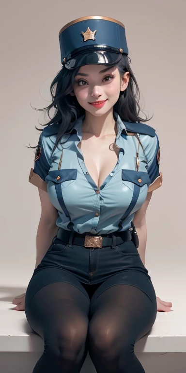 Jenny Elf, Beautiful policewoman, sit, Perfect legs, ((Put your hands behind your back)), Unbutton your shirt, plump, Huge rift, Lipstick, Smile, cap, ((Solid color background:1.3))