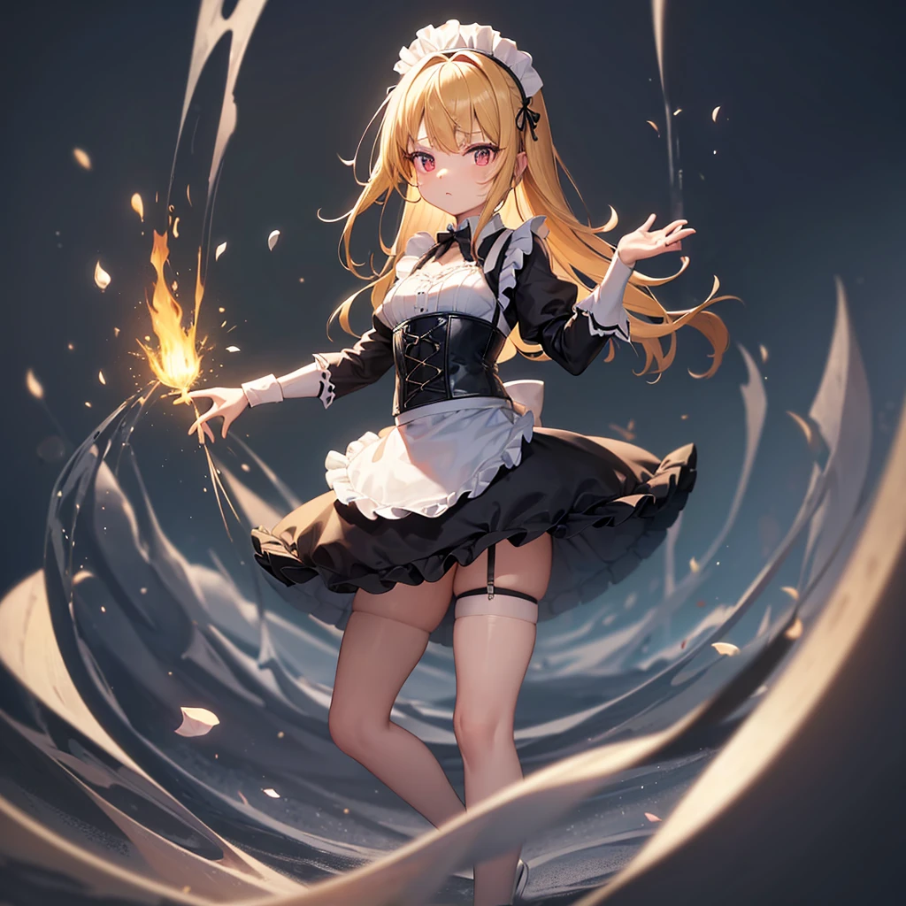 ((Maid)),((白いMaid服)),corset,Cute little ,Tiny ,Small girl,,Childish face, Very fine clean face,Top quality, Big eyes,Straight Hair,Yellow hair,Crimson Eye,(Dark Room), Subtle light, Natural breeze,Soft lighting,Light from directly behind, (Are standing), Cute pose, (Open your hands), Showing the whole body,Front view,Black background