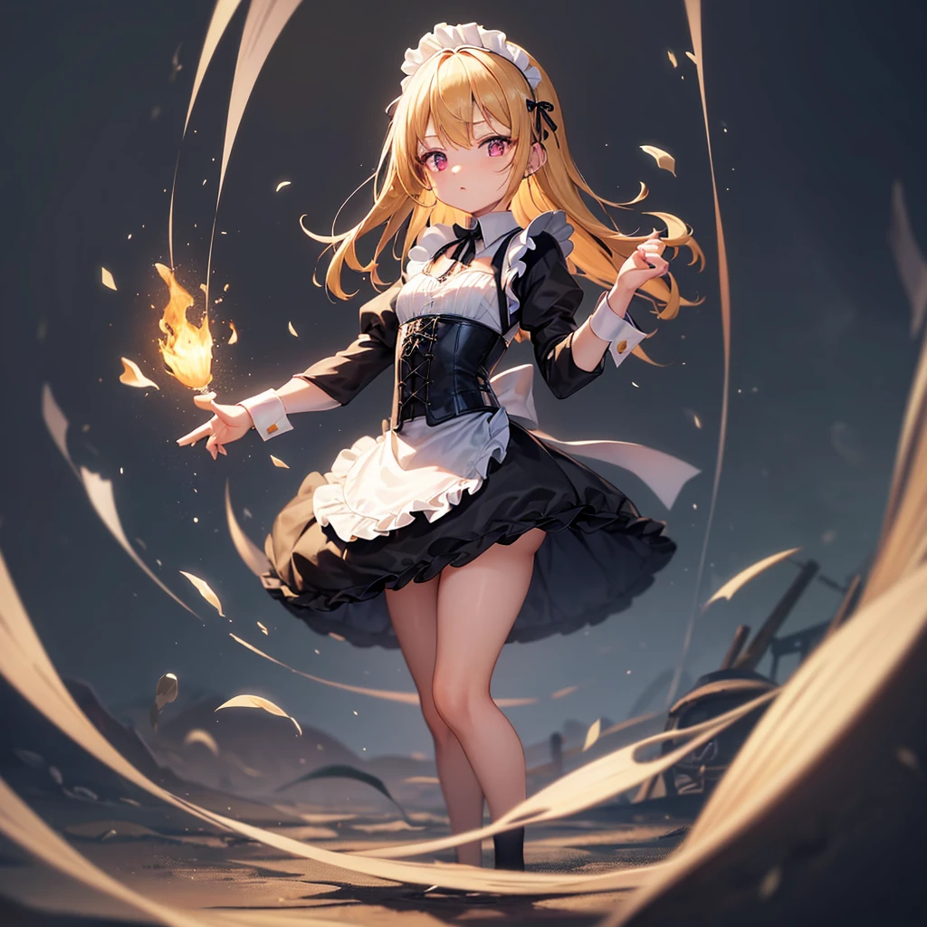 ((Maid)),((白いMaid服)),corset,Cute little ,Tiny ,Small girl,,Childish face, Very fine clean face,Top quality, Big eyes,Straight Hair,Yellow hair,Crimson Eye,(Dark Room), Subtle light, Natural breeze,Soft lighting,Light from directly behind, (Are standing), Cute pose, (Open your hands), Showing the whole body,Front view,Black background