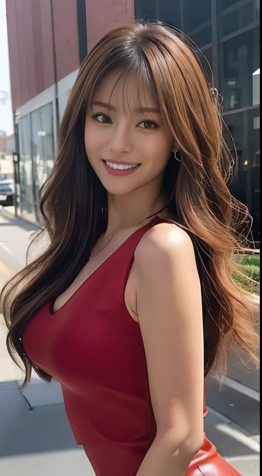 ((Highest quality、8K、masterpiece:1.3)), Upper Body, Long legs, Sharp focus:1.2, Beautiful woman with perfect figure:1.4, Slim Abs:1.1, The background is the office, ((Shortcuts、Big Breasts:1.2)), (She is wearing a red leather low-cut bodycon dress., A fascinating and bursting Big , Soft big ass, Slim and toned waist, Smile at the audience:1.2), Highly detailed face and skin texture, Fine grain, double eyelid, 25-year-old woman, Mature Woman，sexy，