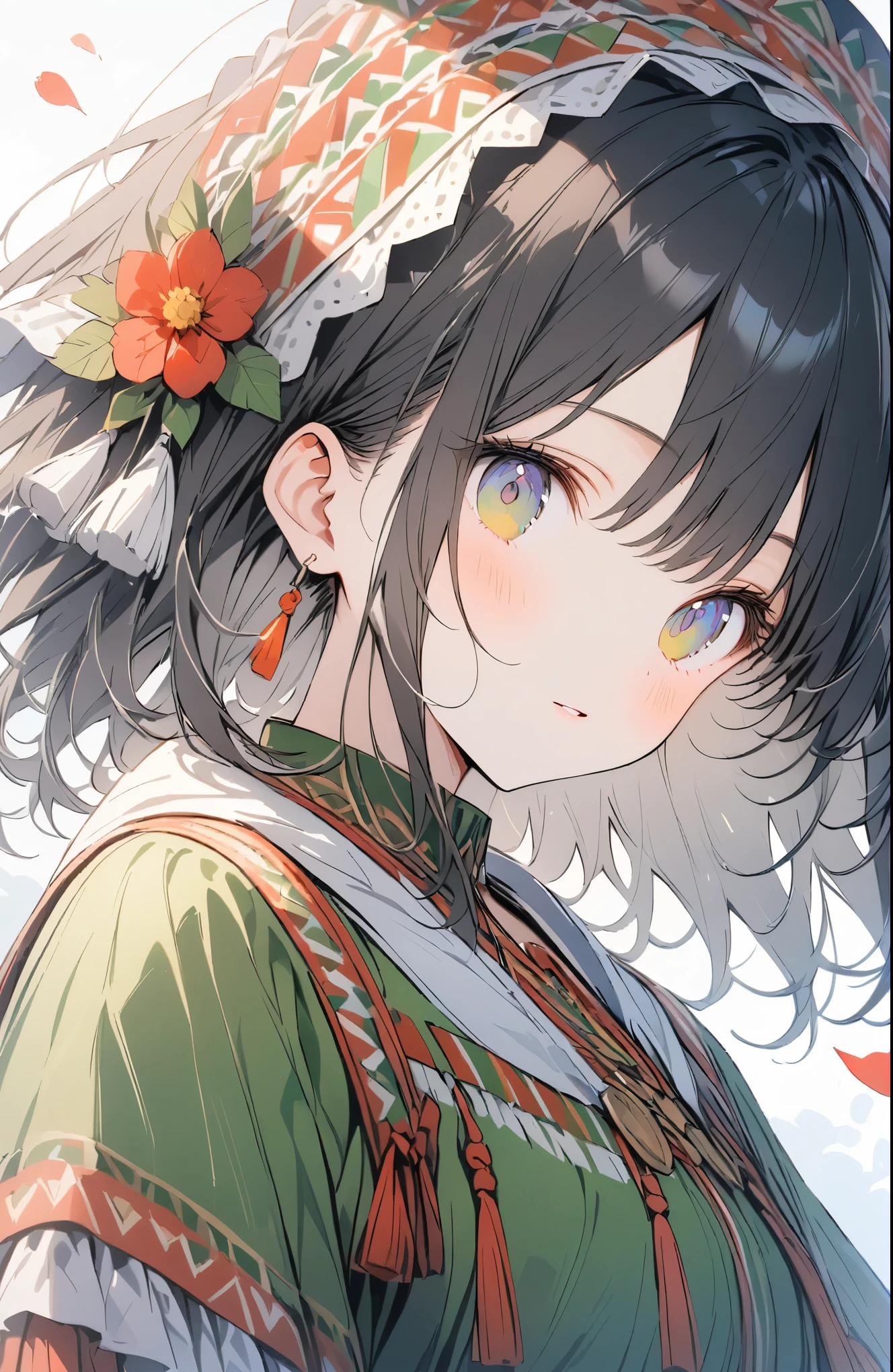 Golden Ratio,Very detailed、Very absurd、超High resolution, Attention to detail, high quality, High resolution, 最high quality, 4K, 8K,Black Hair,Emerald Eyes,one Girls,Flower field background、Petals flutter、arched back、full body,((Bulgarian national costume、Sukuman)),(A portrait of a person wearing a white scarf on their head.),(Red and green clothes)