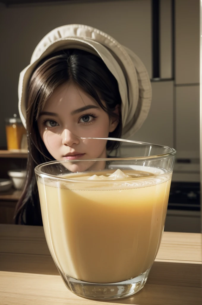 I need me to create a curious image of a strange recipe for advertisements, I need this image to have curious elements (processed foods) such as a glass cup with a light yellow bubbling liquid
