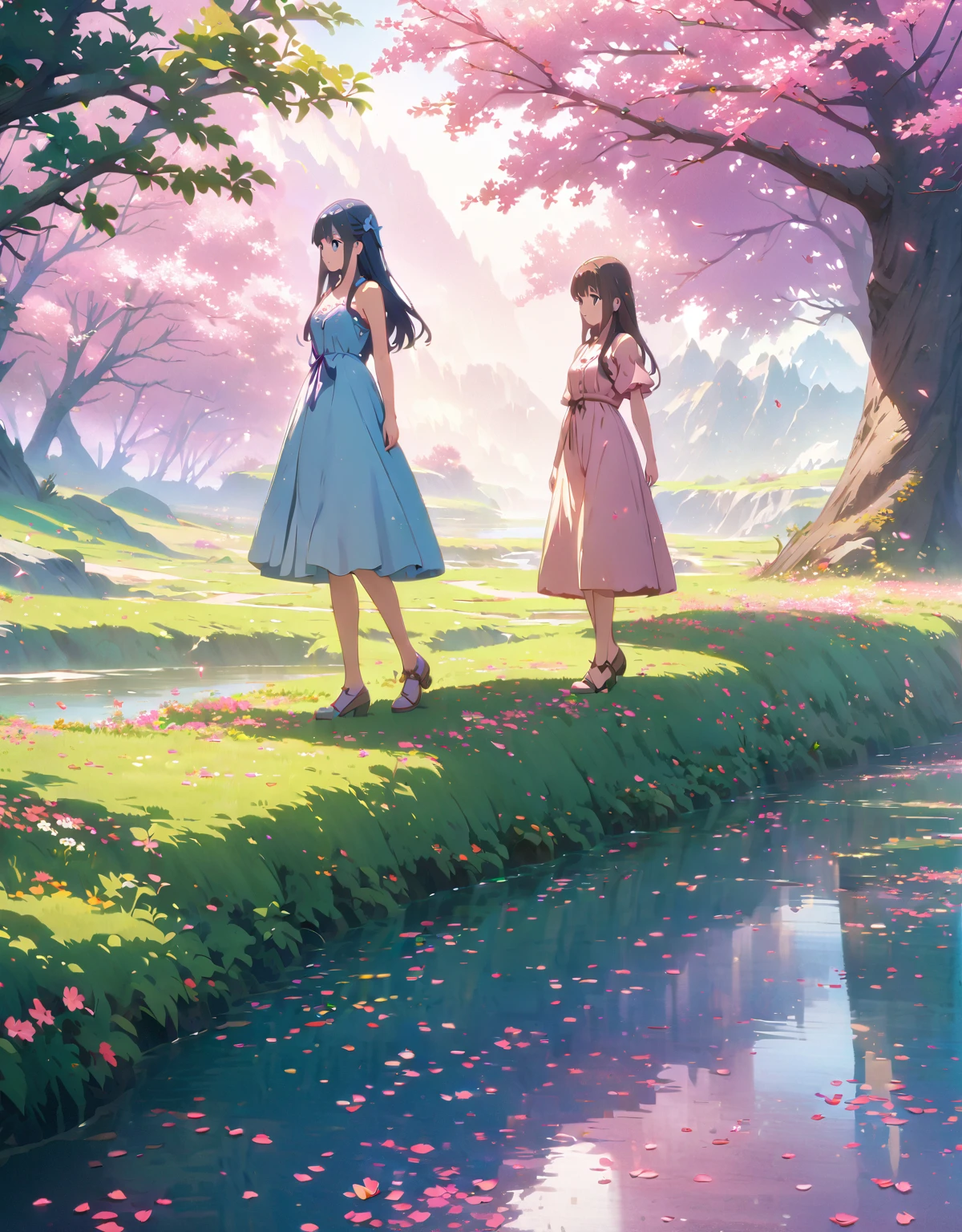 (Ultra-detailed illustrations:1.2),Anime girl in a dress standing under a flowering tree, Beautiful fantasy anime, Anime Art Wallpapers 8K, Anime Style 4k, anime art wallpaper 4k, anime art wallpaper 4k, sakura petals around her, artstation pixivでトレンド, 4k anime wallpaper, Beautiful Anime, anime wallpaper 4k, anime wallpaper 4k