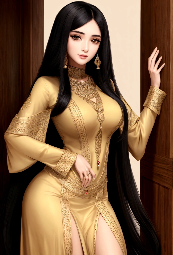 woman, arab clothes, long black hair, tan skin, dark eyes, tall, confident expression