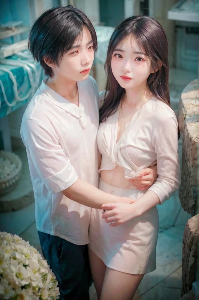 Girl wearing white dress，The white light emanating from her body entangled the boy，They face to face，Expression of joy，It's a couple。East Asians，In the blue sea，There are corals around them. They are 28 years old and in their prime.