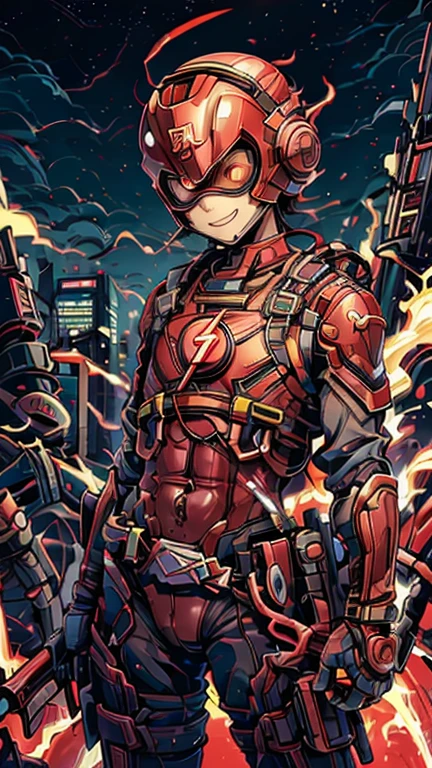 (8k),(masterpiece),(Japanese),(13-year-old boy),((innocent look)),((Childish)),From the front,smile,cute,Innocent,Kind eyes,Flat chest, Red Helmet, Red Domino Mask, The Flash Costume,short,Hair covered by the helmet,Blonde Hair,Strong wind,night,dark, Neon light cyberpunk city