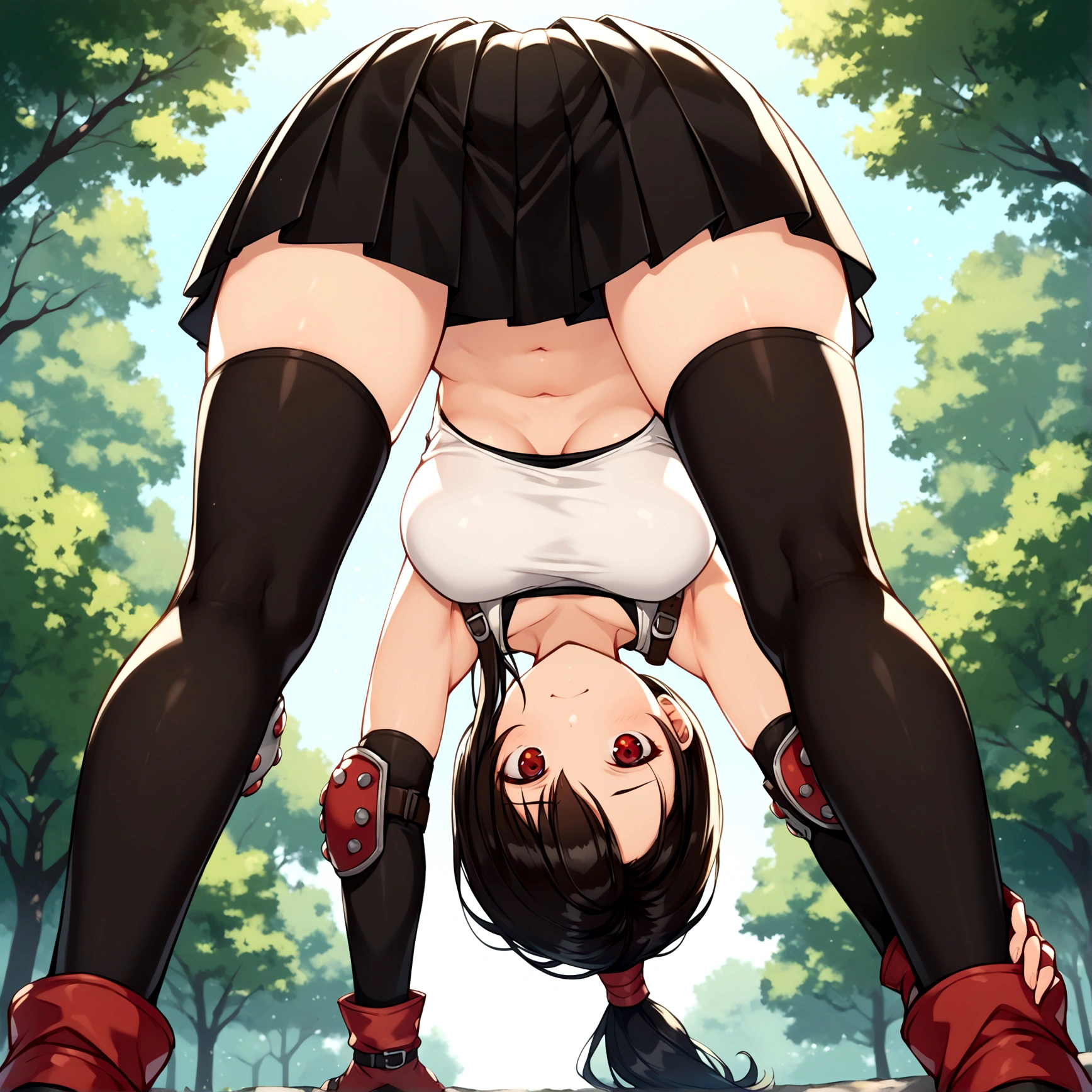 score_9, score_8_up, score_7_up,score_6, score_5,BREAK , from front,from below,standing, legs apart, bent over, upside-down,.,(mediumshot),straight-on, ,1girl, tifa lockhart, final fantasy, tareme,black hair, low-tied long hair, red eyes, bangs, (white tank top, belt, pleated skirt, thighhighs, elbow fingerless gloves, elbow pads, midriff, navel,suspender skirt) ,(large_breast),(light smile),Curvy waist,,Solo,,(daytime,outdoor ),detailed,(best quality),(aesthetic,very aesthetic),UHD,extremely detailed CG unity 8k wallpaper,anime,highly detailed,sharp focus,depth of field,,professional lighting,cinematic lighting, , 　　