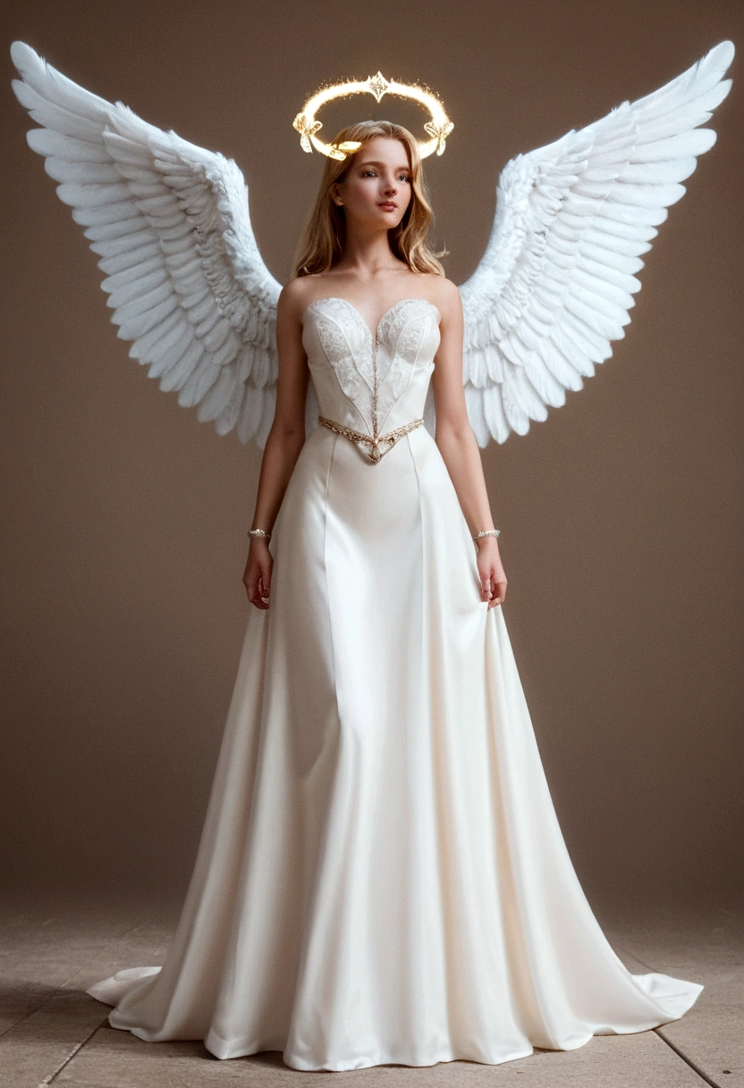 beautiful Angel, Wearing a gorgeous dress that covers the whole body, luxurly gawn,Floating in the air, angel wings, (angel ring:1.3), outdoor, detailed face, detailed eyes, detailed lips, detailed nose, detailed foot, full body shot