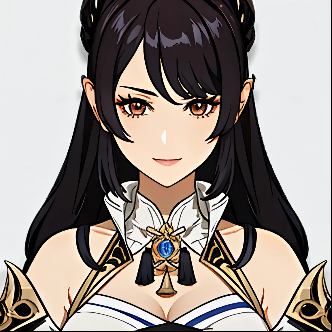 [A beautiful, mature woman with a seductive smile and parted lips stands against a white background. She has sharp eyelashes, brown eyes, and long black hair with bangs. Her figure is voluptuous, with a narrow waist, broad hips, and huge breasts. The image has an impactful, Genshin-inspired style, rendered in high detail and HDR quality as a stunning work of art.]