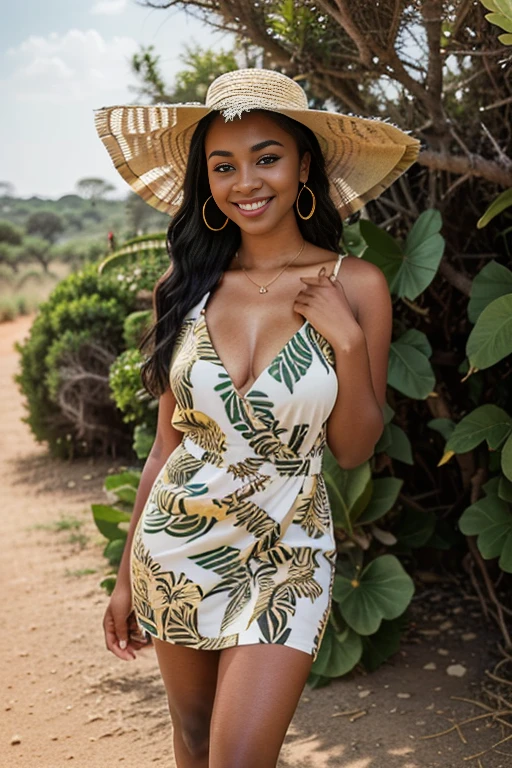 18-year-old girl from South Africa, very beautiful with radiant skin and bright eyes, in a short and vibrant dress with a safari background.
Camera angle: Full body, close-up to emphasize her entire outfit, including sandals.
Pose: Standing confidently with one hand on her hip and the other gently holding the brim of a sun hat, smiling brightly at the camera.
Outfit: Short yellow fabric dress with a floral pattern, sleeveless, paired with brown sandals.
Physical description: 18-year-old girl with long curly black hair large brown eyes thick eyebrows a straight nose full pink lips dark skin very curvy body with measurements 90-62-90 1.72m height and a stunning face with a captivating smile.
Background: South African safari with lush greenery and wild animals in the distance.