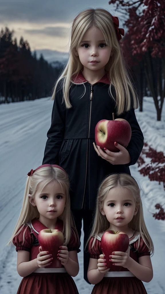 There is a BLONDE girl holding two apples in her hands, eating rotten fruit, holding an apple, with apple, apples, girl wearing uniform, children, photo bank, children, red apples, snow white portrait, wearing , wearing a , one holds apple in hand, 3/4 see portrait, children, bank image