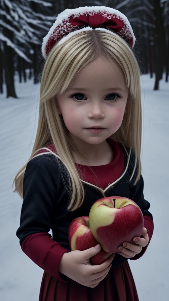 There is a BLONDE girl holding two apples in her hands, eating rotten fruit, holding an apple, with apple, apples, girl wearing uniform, children, photo bank, children, red apples, snow white portrait, wearing , wearing a , one holds apple in hand, 3/4 see portrait, children, bank image